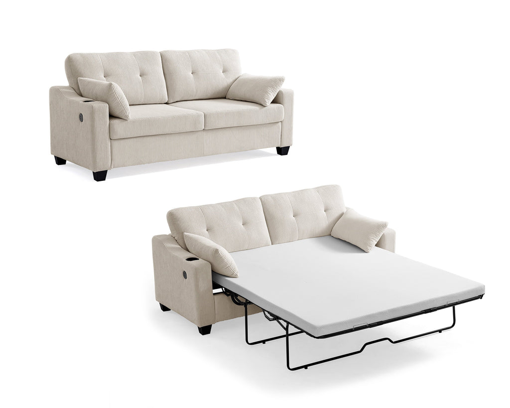 CHIC HOUSE Pull Out Sofa Bed Couch Queen Size with Mattress USB, Convertible Sleeper Sofa Loveseat for Small Spaces RV, Corduroy Pull Out Couch Bed for Living Room with Cup Holders LED Lights, Beige