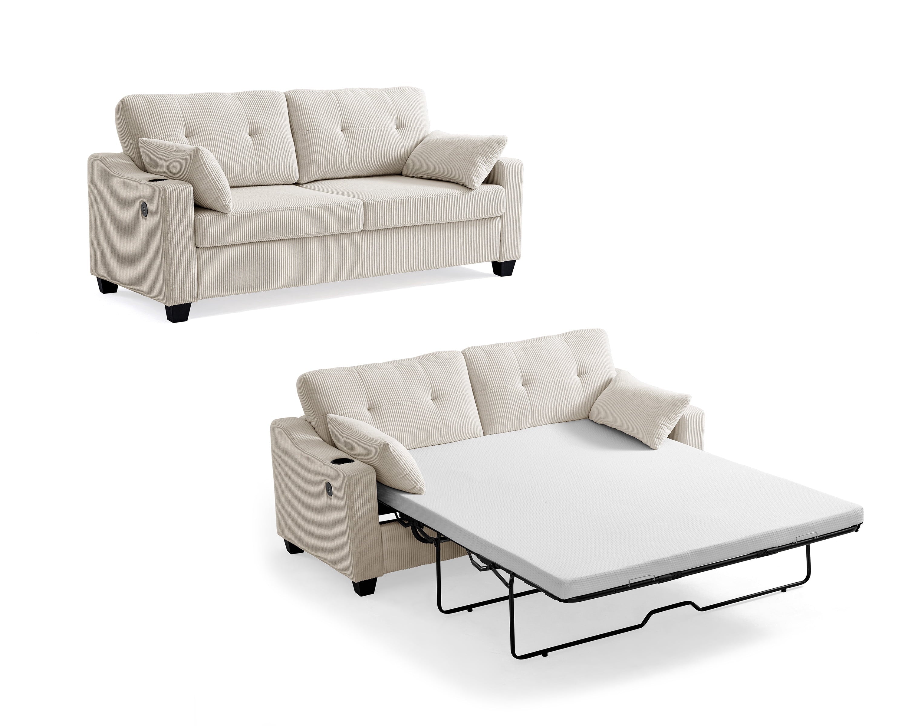 CHIC HOUSE Pull Out Sofa Bed Couch Queen Size with Mattress USB, Convertible Sleeper Sofa Loveseat for Small Spaces RV, Corduroy Pull Out Couch Bed for Living Room with Cup Holders LED Lights, Beige