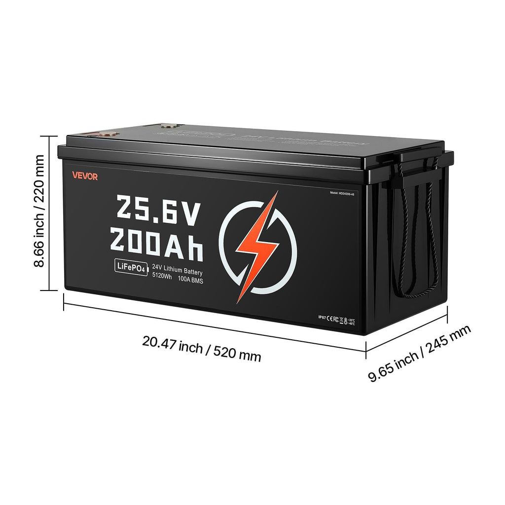 VEVOR 24V 200Ah LiFePO4 Lithium Battery, Built-in 100A BMS, Deep Cycle Lithium Rechargeable Battery with Low Temperature Protection, 4000+ Cycles, Max. 5120Wh, for RV, Camper, Trolling Motors, Marine