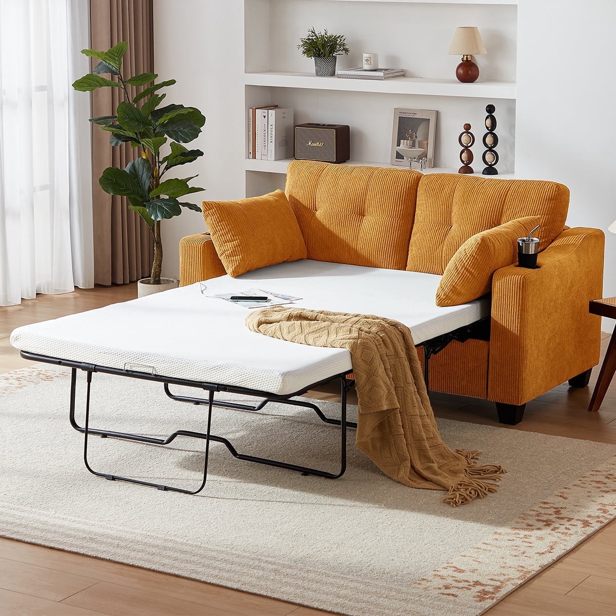 CHIC HOUSE Pull Out Sofa Bed Couch Queen Size with Mattress USB, Convertible Sleeper Sofa Loveseat for Small Spaces RV, Corduroy Pull Out Couch Bed for Living Room with Cup Holders LED Lights, Beige
