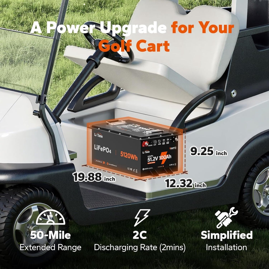 LiTime 48V Lithium Golf Cart Battery Kit, Up to 5.12KW Output, CAN&RS485 Communication, Bluetooth 5.0, 4000+ Cycles, IP65 Waterproof, Perfect for Golf Carts,Home