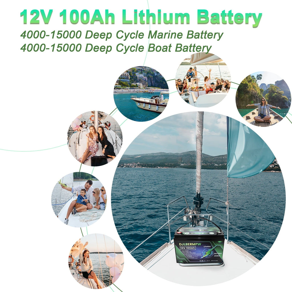 4Pack 12V 100Ah LiFePO4 Lithium Battery, DJLBERMPW 15000+ Deep Cycle Battery 100A BMS for 3HP Golf Cart, Marine, Backup Power, Solar System