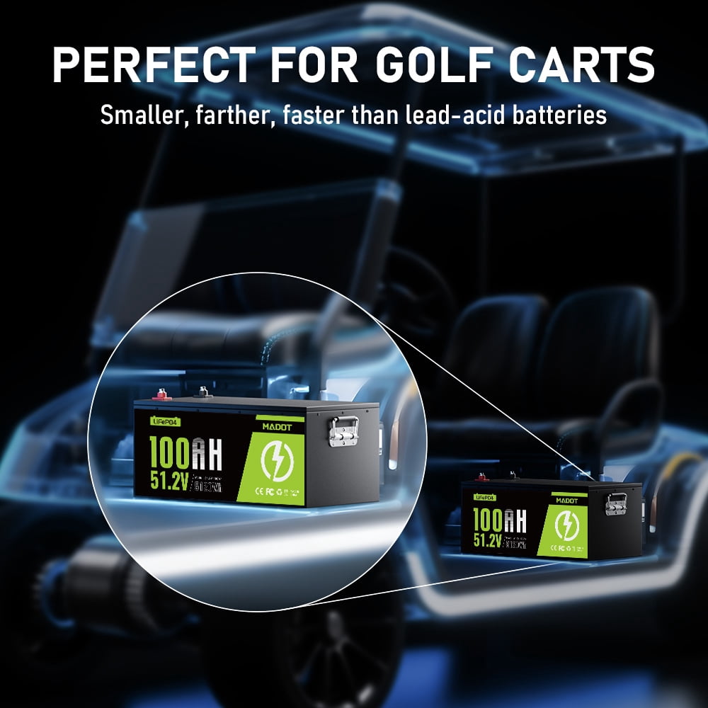 Lifepo4 Battery 100Ah 48V Lithium Golf Cart Battery 200A Smart BMS, 5.12kWh Capacity, 15000+ Cycles Deep Cycle, Perfect Golf Cart Batteries for Solar, RV and Off-Grid Use