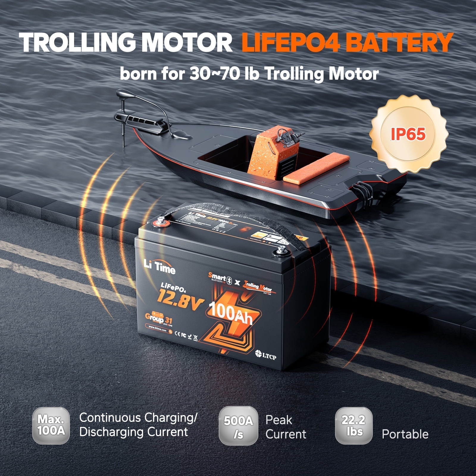 LiTime 12V 100Ah TM Bluetooth Lithium LiFePO4 Battery Low Temp Protection 1280W for Trolling Motor