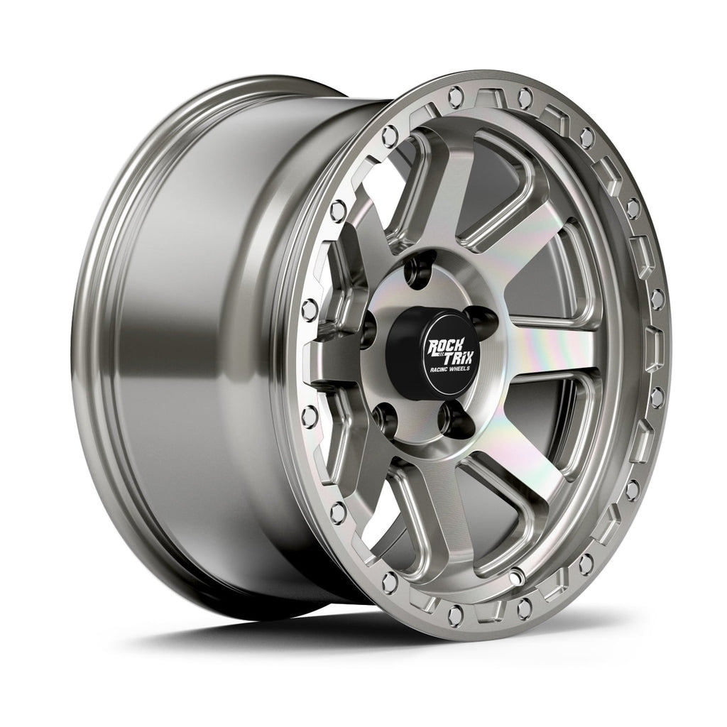 RockTrix RT116 17 inch Wheel Compatible with Jeep Wrangler JK JL 17x9 5x5 Wheels (-12mm Offset, 4.5in Backspace) 5x5 PCD, 71.5mm Bore, Gunmetal Gray Wheels, Also fits Gladiator JT Rims