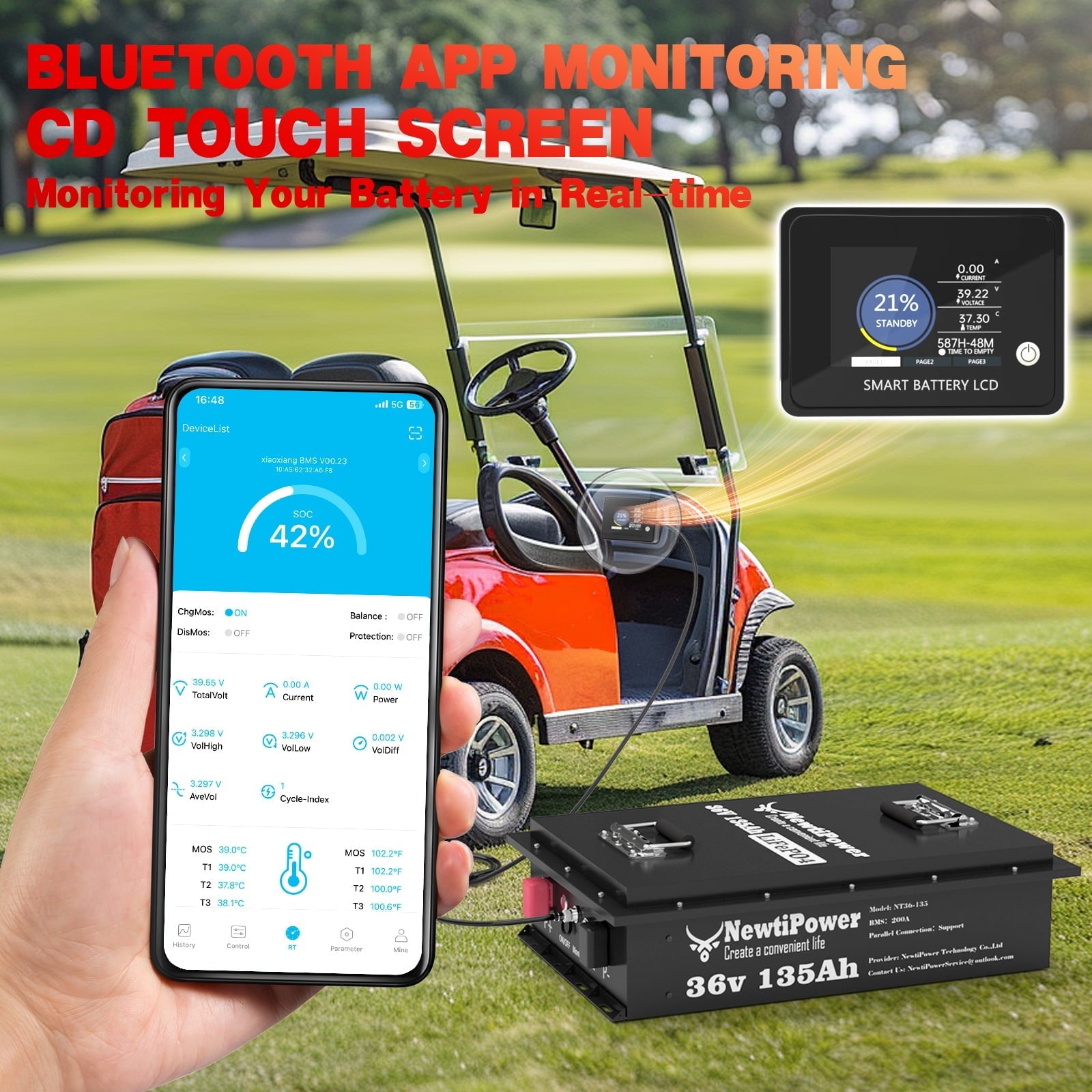 NewtiPower  36V 135Ah LiFepo4 Lithium Battery with 200A BMS&APP,  Top Post for Golf Cart