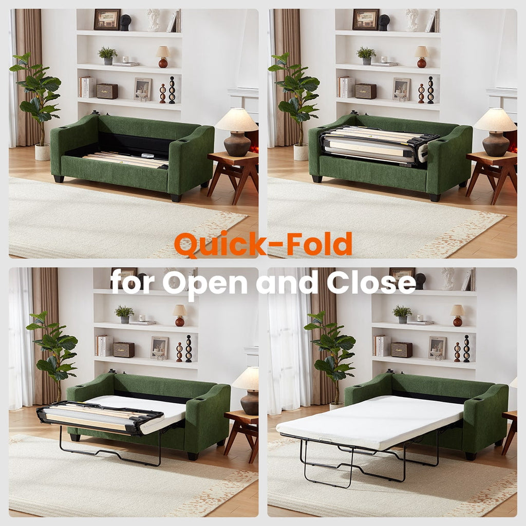 CHIC HOUSE Pull Out Sofa Bed Couch Queen Size with Mattress USB, Convertible Sleeper Sofa Loveseat for Small Spaces RV, Corduroy Pull Out Couch Bed for Living Room with Cup Holders LED Lights, Beige