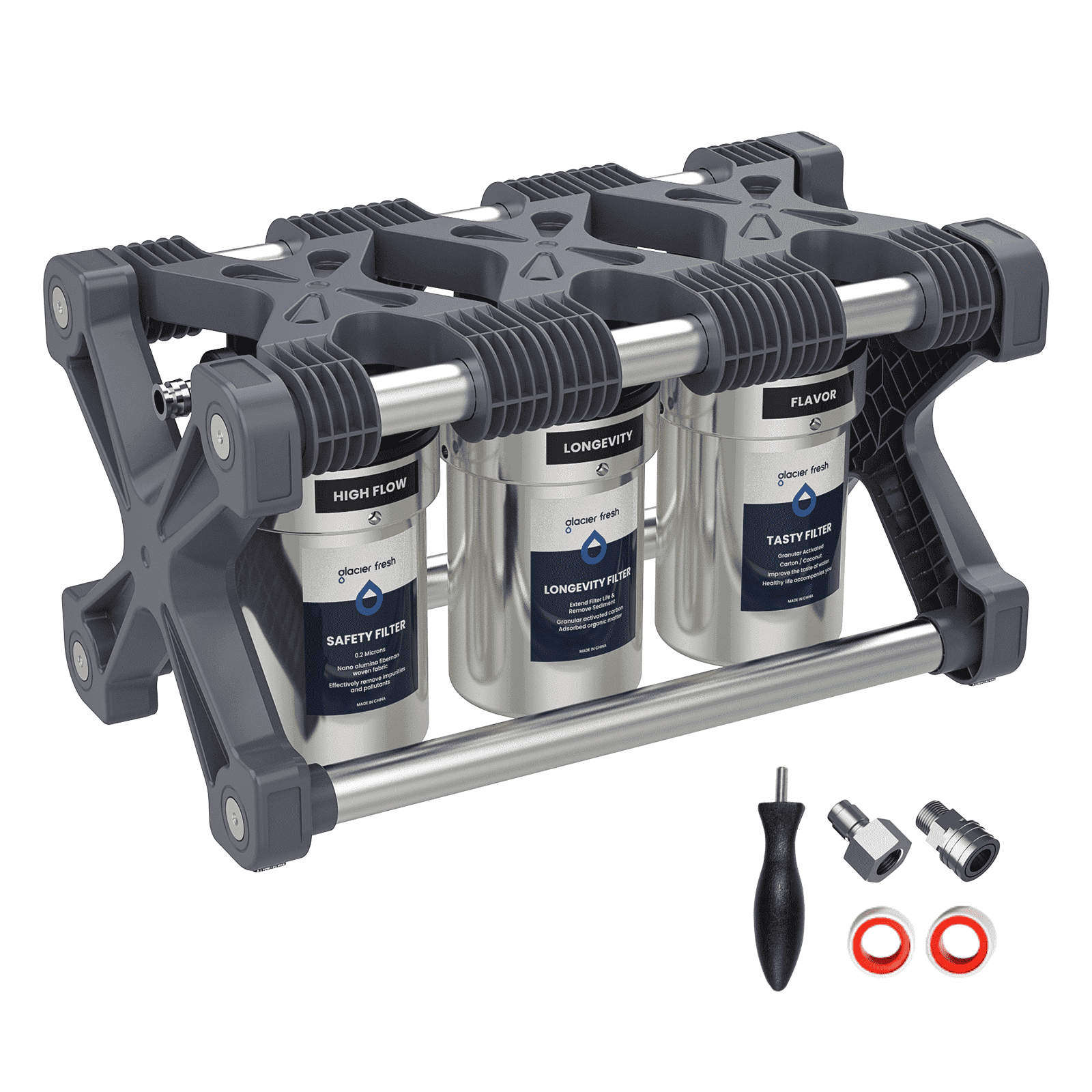 GLACIER FRESH RV Water Filtration System with 0.2 micron Water Filter, 3-Stage Premium Filtration, Compact 5 inch Filter, for RVs, Campers and Boats