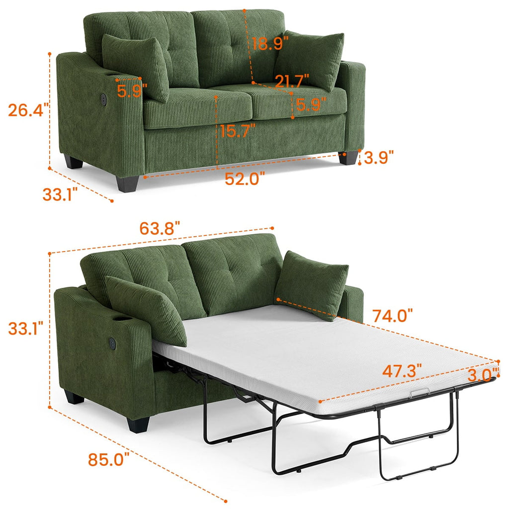 CHIC HOUSE Pull Out Sofa Bed Couch Queen Size with Mattress USB, Convertible Sleeper Sofa Loveseat for Small Spaces RV, Corduroy Pull Out Couch Bed for Living Room with Cup Holders LED Lights, Beige