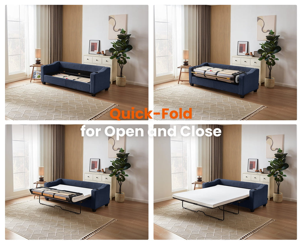 CHIC HOUSE Pull Out Sofa Bed Couch Queen Size with Mattress USB, Convertible Sleeper Sofa Loveseat for Small Spaces RV, Corduroy Pull Out Couch Bed for Living Room with Cup Holders LED Lights, Beige