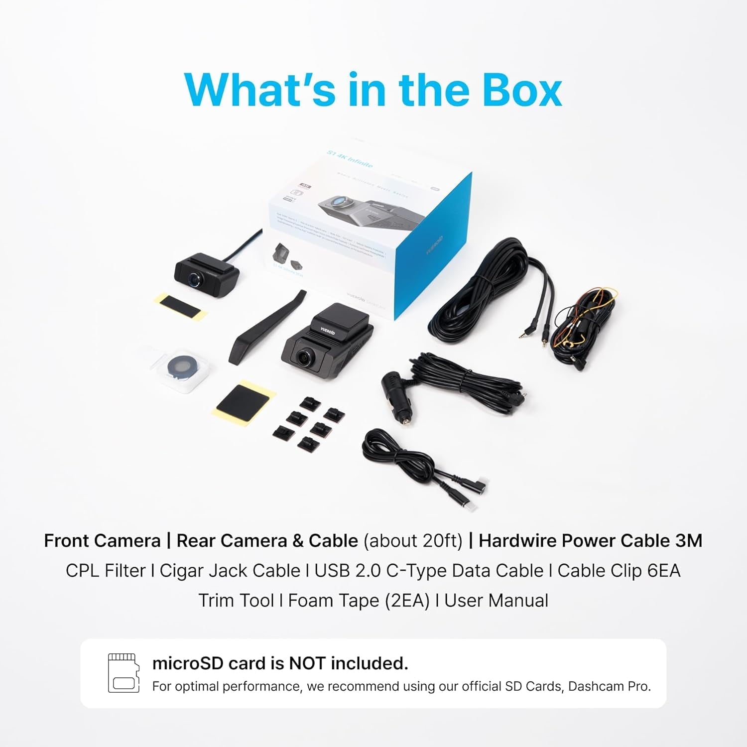 Vueroid S1 Infinite 4K 2CH Dash Cam | 4K+2.5K Sony STARVIS 2 | Privacy Mode | GPS | WiFi | DuraShift Parking Mode | CPL Filter & 256GB Card Included