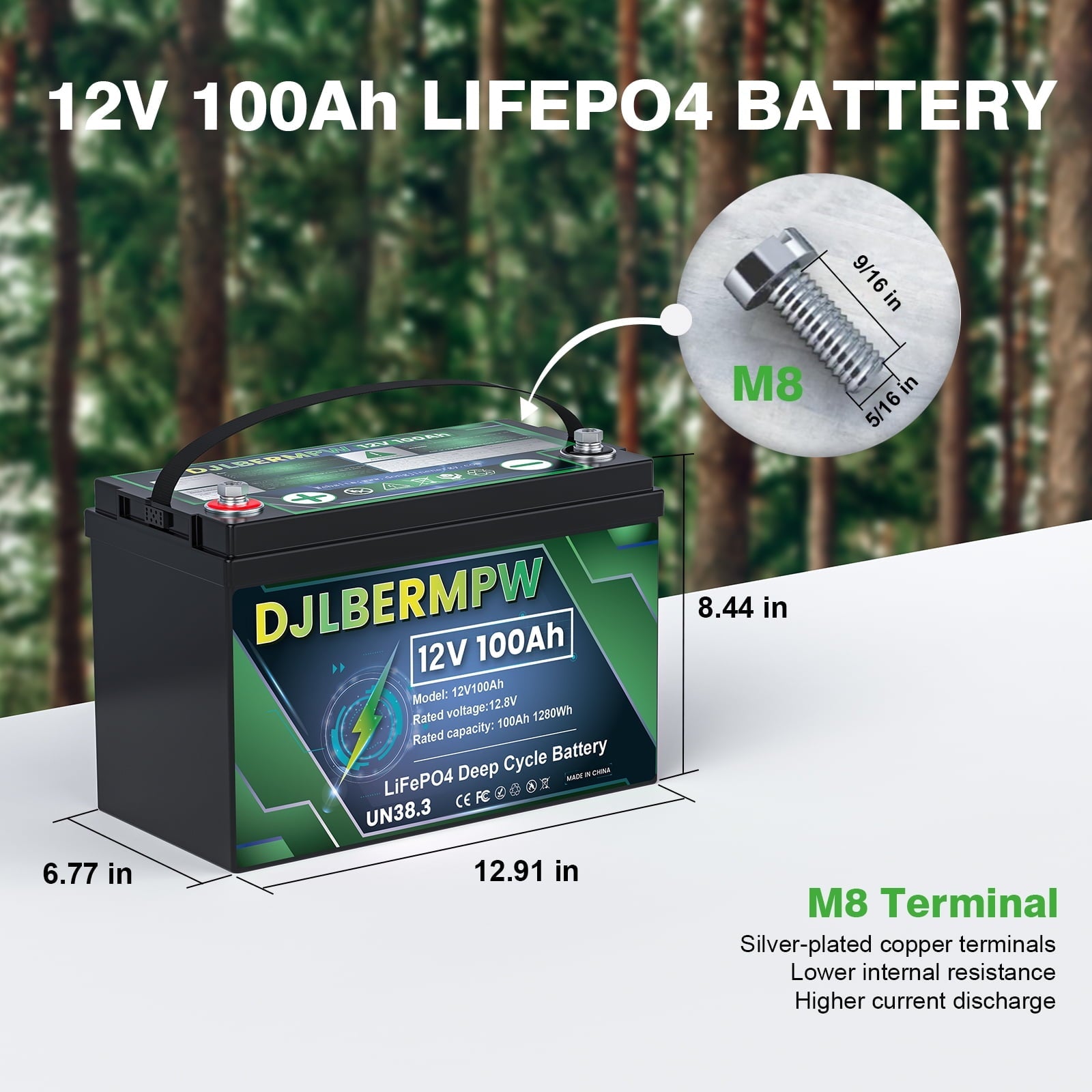 4Pack 12V 100Ah LiFePO4 Lithium Battery, DJLBERMPW 15000+ Deep Cycle Battery 100A BMS for 3HP Golf Cart, Marine, Backup Power, Solar System