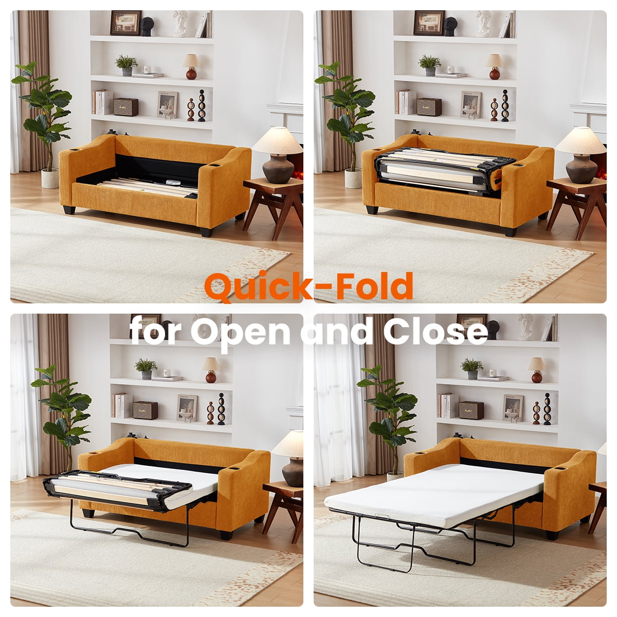 CHIC HOUSE Pull Out Sofa Bed Couch Queen Size with Mattress USB, Convertible Sleeper Sofa Loveseat for Small Spaces RV, Corduroy Pull Out Couch Bed for Living Room with Cup Holders LED Lights, Beige