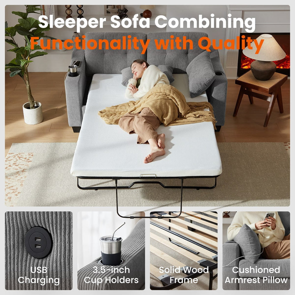 CHIC HOUSE Pull Out Sofa Bed Couch Queen Size with Mattress USB, Convertible Sleeper Sofa Loveseat for Small Spaces RV, Corduroy Pull Out Couch Bed for Living Room with Cup Holders LED Lights, Beige