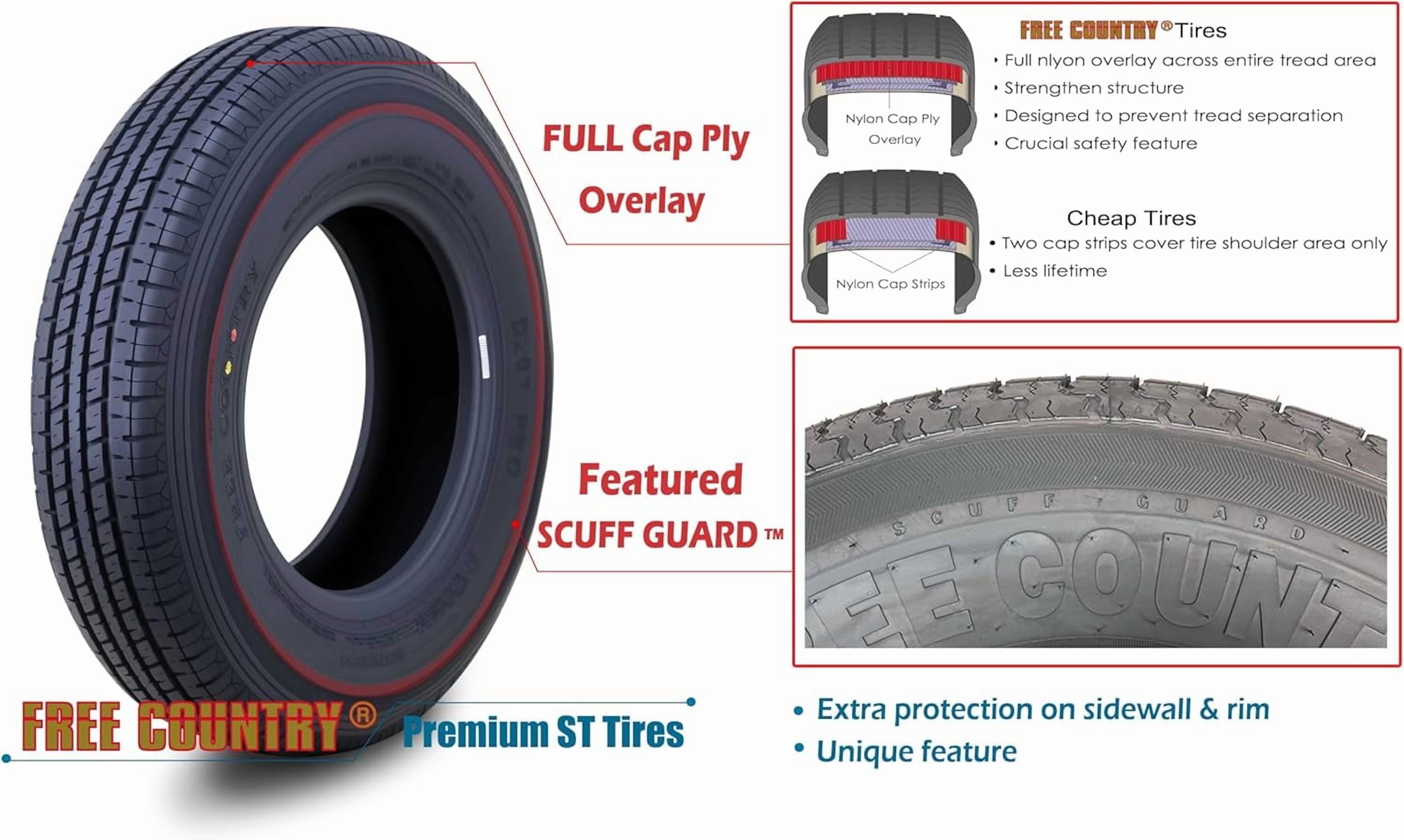 Free Country ST 205/75R15 8 Ply /Load Range D w/Scuff Guard Trailer Tires, Set of 4